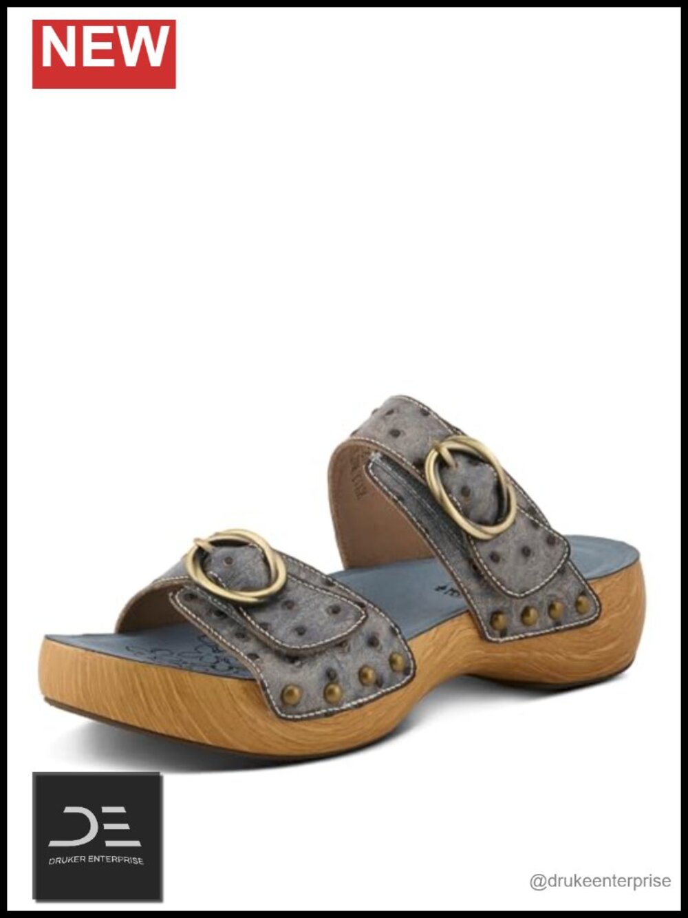 Hand-Painted Ostrich Pattern Leather Slide Sandals with Brass Studs, Adjustable